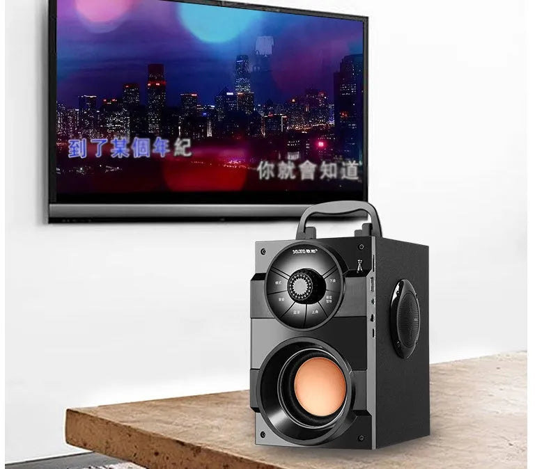 Black portable audio system with subwoofer and satellite speakers featuring 3.5mm connection
