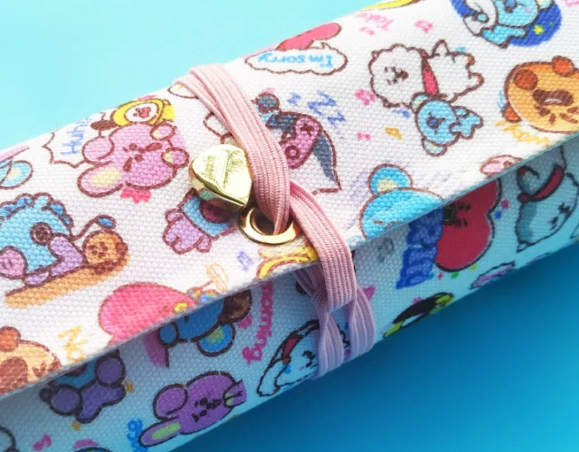 BT21 full colour printed canvas pencil case measuring 19.5x29cm for school stationery storage