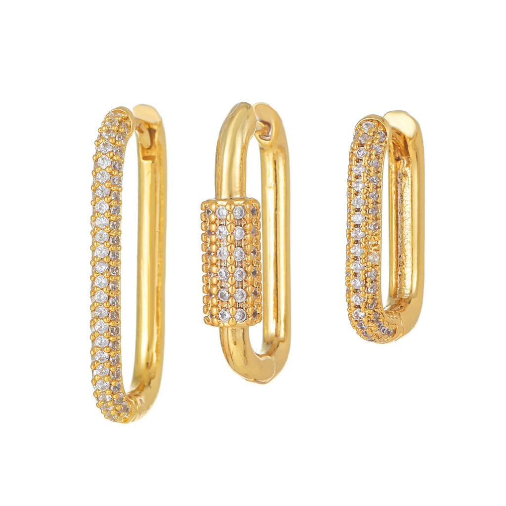 Geometric square ear clip set with micro inlaid zircon stones in gold and white k tones