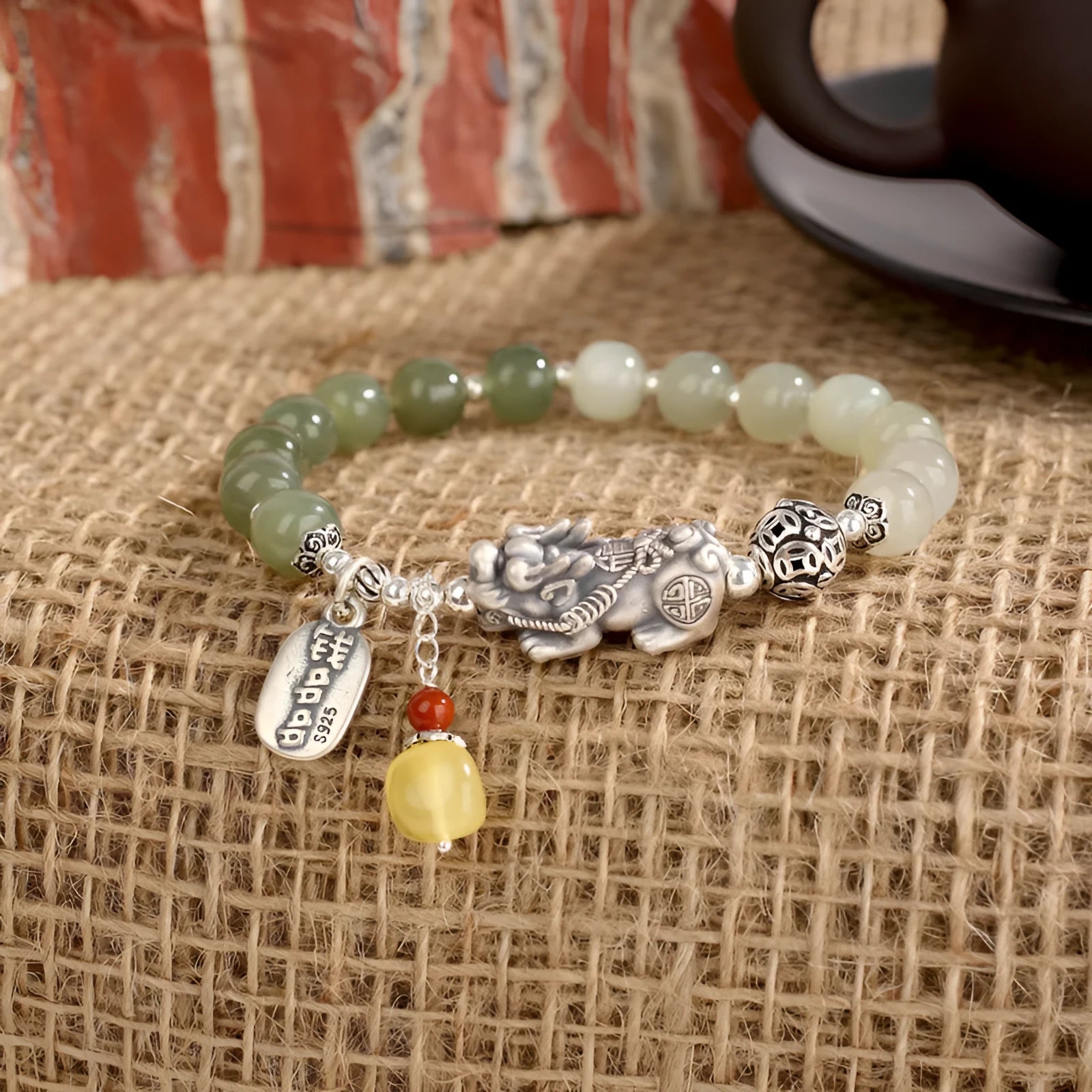 Pure silver coin bracelet with natural Hetian jade stones in retro women's design
