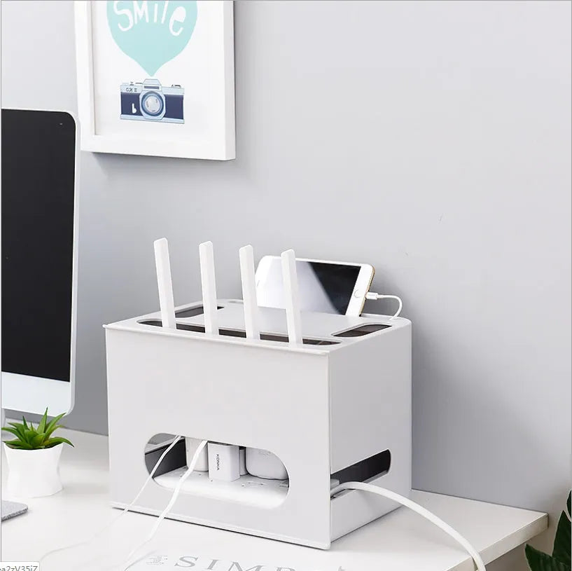 Plastic wireless router storage box in grey or white colour for cable organisation