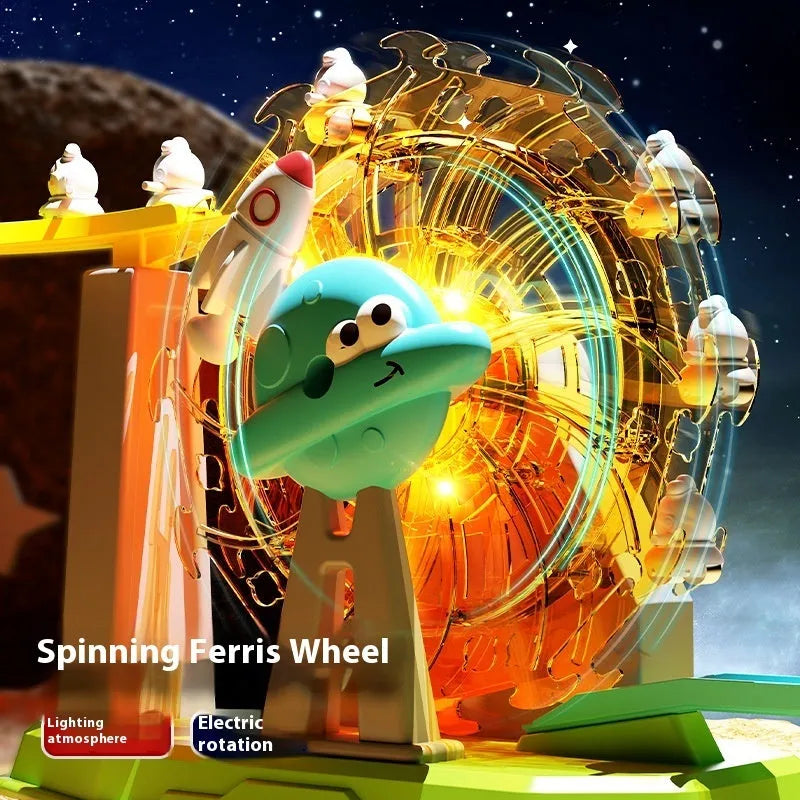 Children's space rabbit electric track toy with climbing stairs and multiple rabbit figures