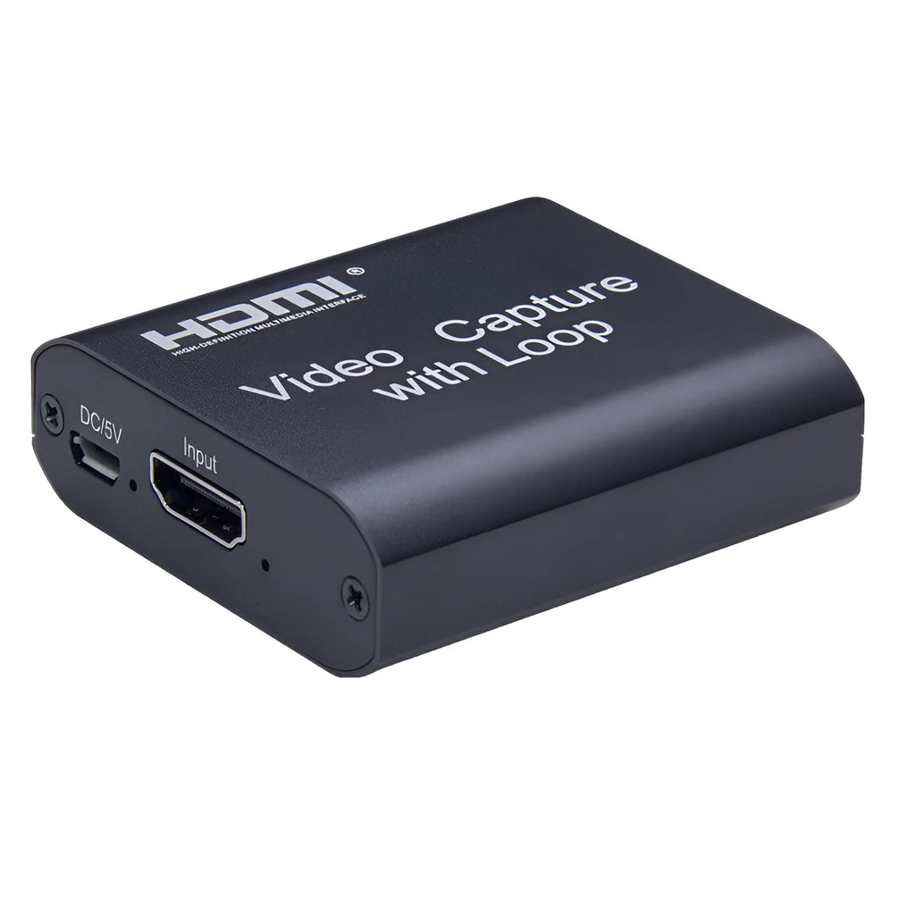 Black HDMI 4K video capture card with loop out USB interface for live streaming and recording