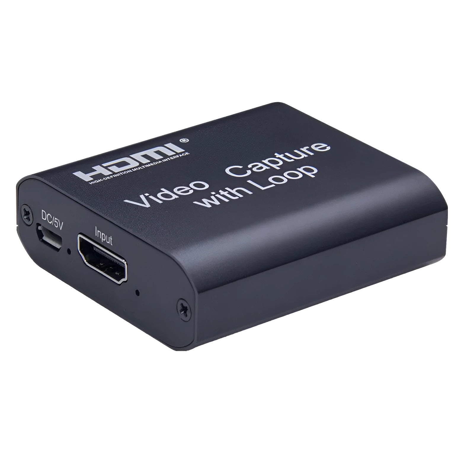 Black HDMI 4K video capture card with loop out USB interface for live streaming and recording