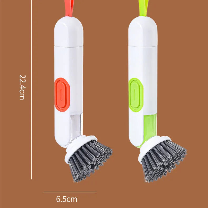 White and red long-handle kitchen brush with liquid dispenser and two brush heads