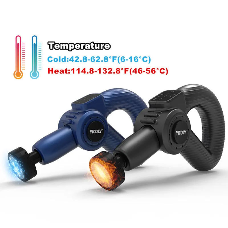 Black smart muscle massage gun with five interchangeable massage heads on a table.