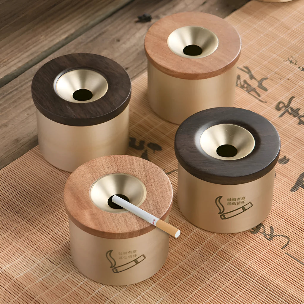 Creative retro copper ashtray with wooden lid in blackwood or rosewood option
