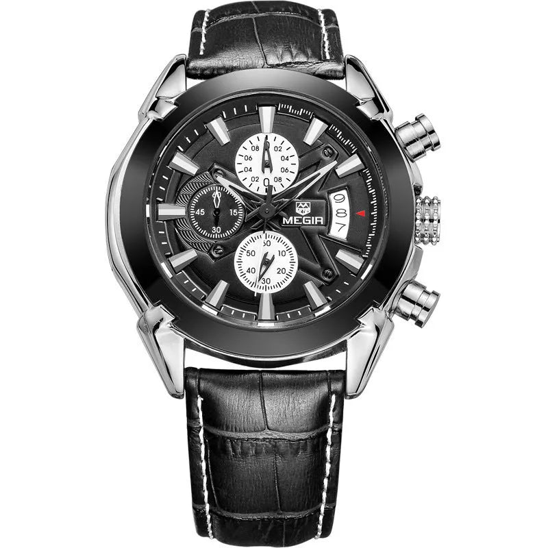 Men's quartz chronograph watch with three-eye display and luminous hands on black or brown dial