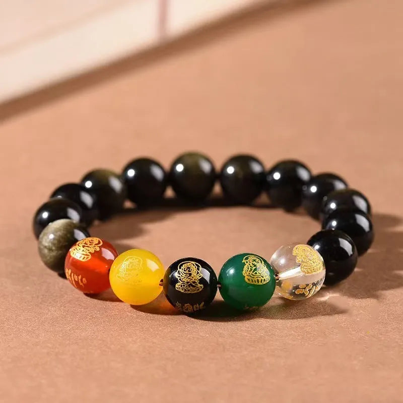 Single Circle Five Gods Of Wealth men's obsidian bracelet with rainbow eye and gold obsidian beads