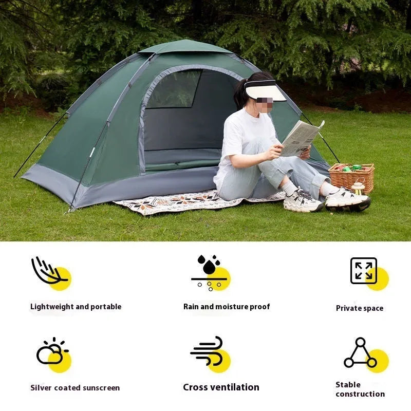 Single person pop-up camping tent in Army Green, shown both erected and packed in its carry bag.