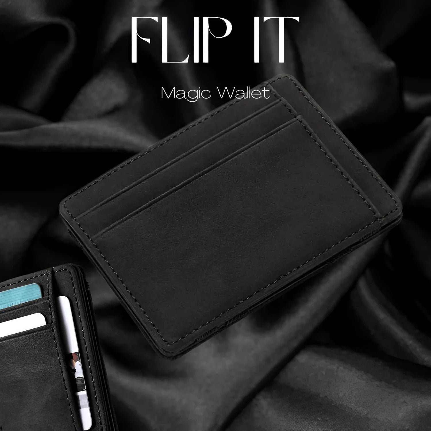 PU leather magic wallet showing flip card holder and zippered coin purse in solid colour options