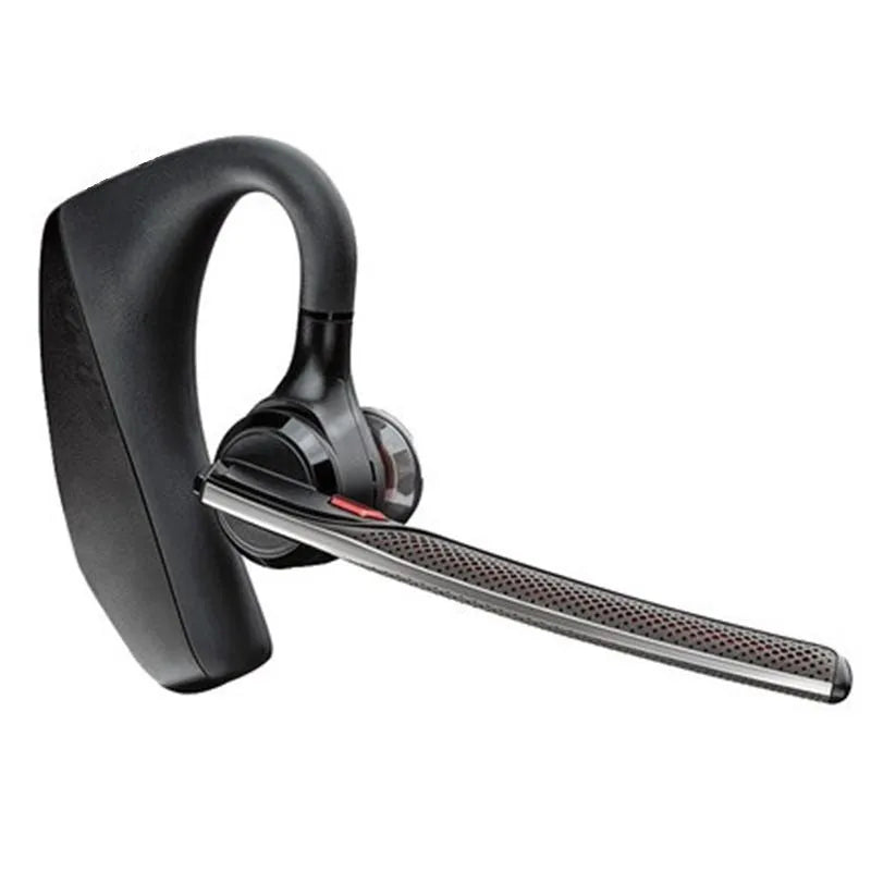 Black wireless sports headphones with a large battery and built-in microphone on a plain background.