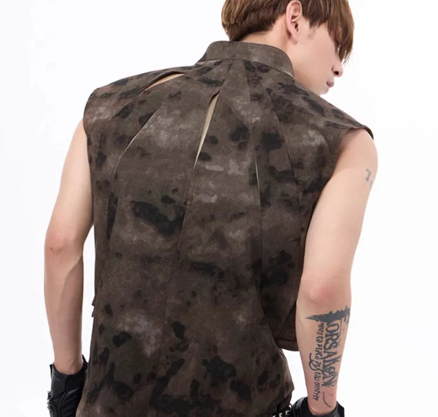 American retro camouflage denim vest and trousers set with semi-high collar and button front