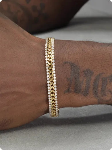Gold titanium steel tennis bracelet with artificial gemstones showing hip hop European American style
