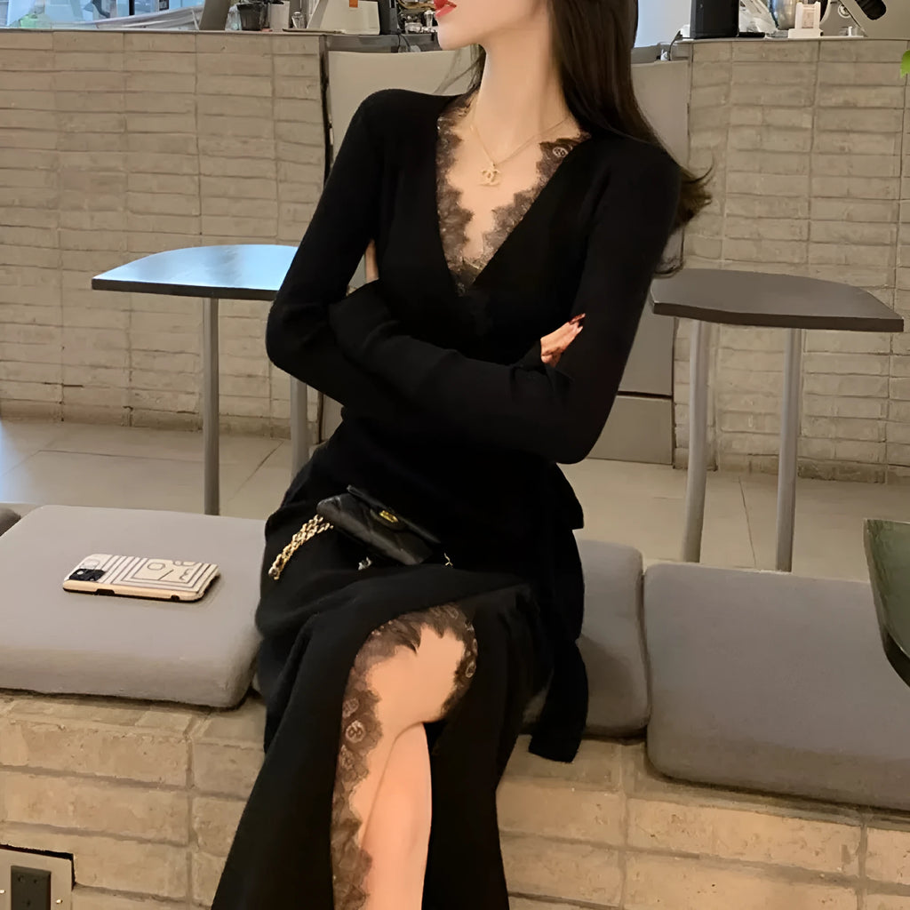 Black women's slim-fit woolen skirt in a princess dress style on a hanger.