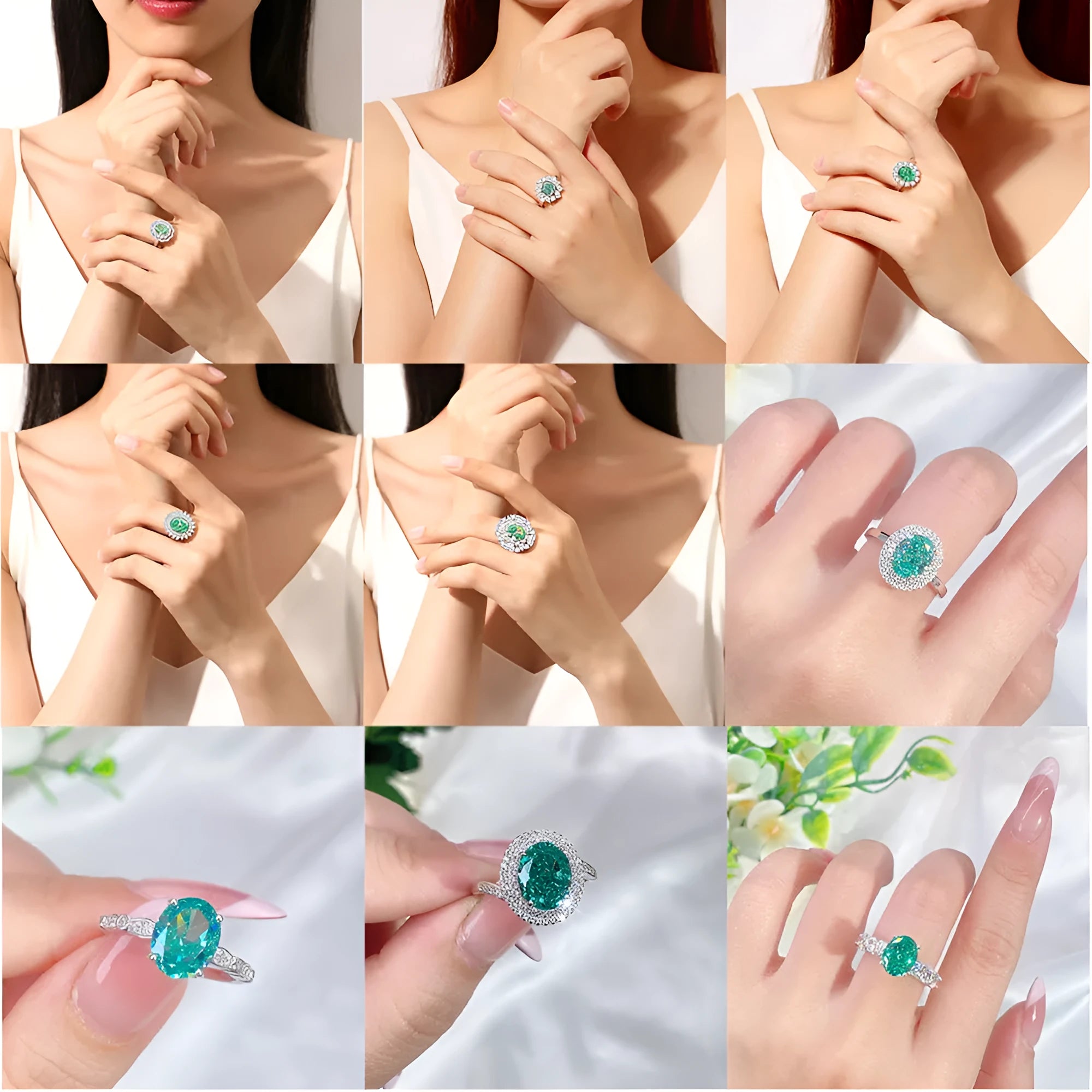 Women's S925 sterling silver geometric ring with oval Palaba emerald and high-carbon diamond accents