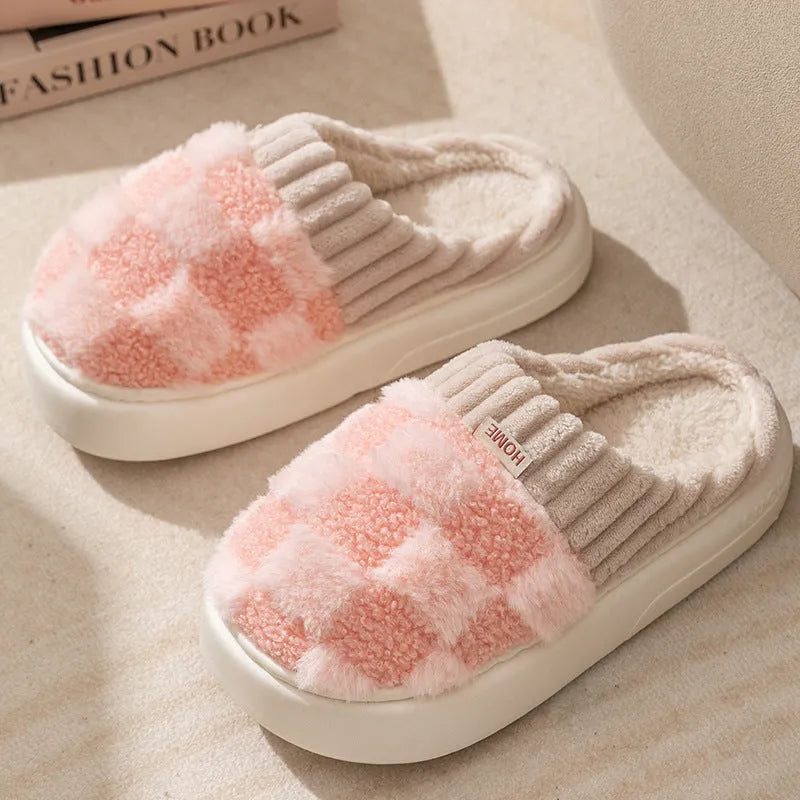 Women's plaid plush slippers in coffee colour with round toe and non-slip sole
