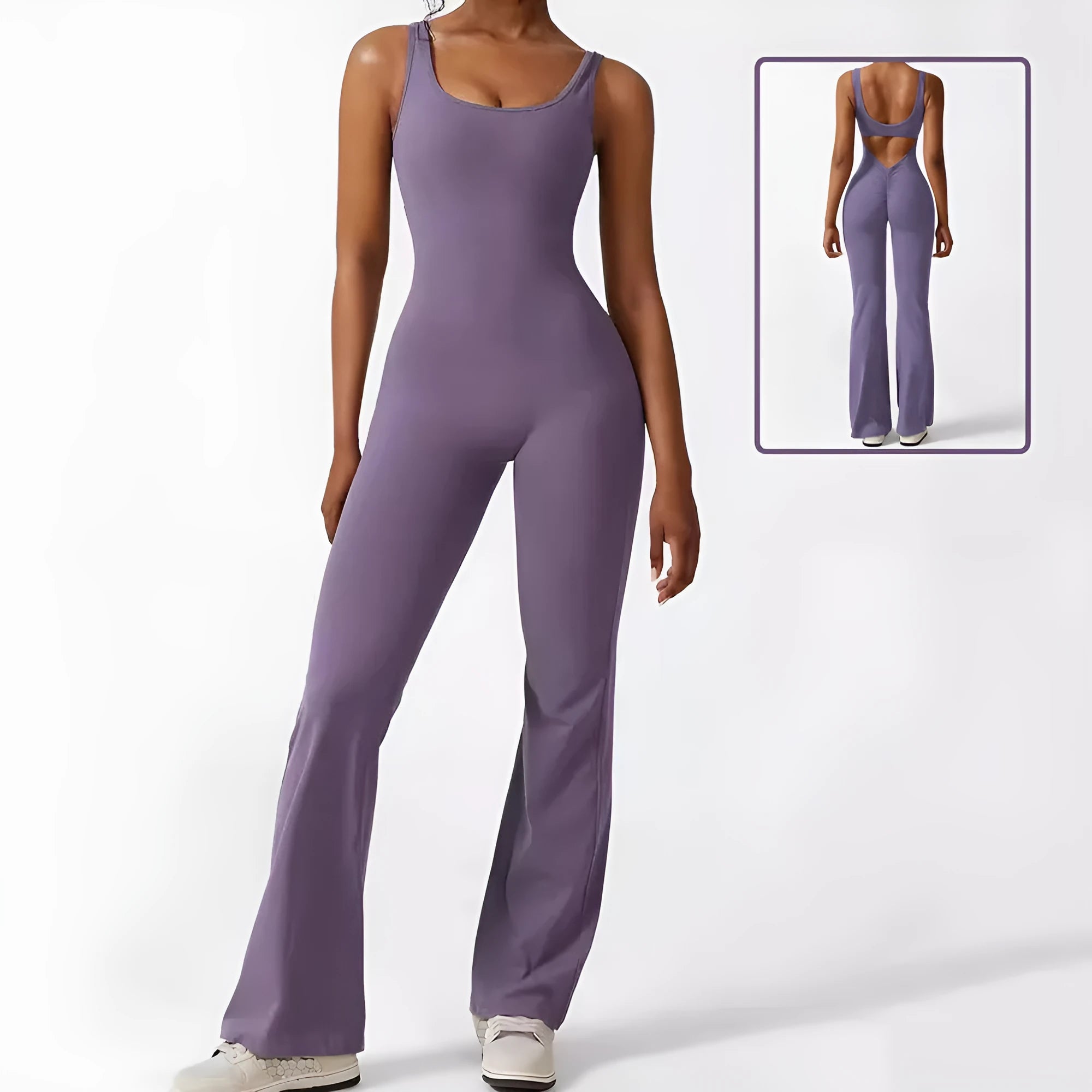 Women's sleeveless flare jumpsuit for fitness and yoga in high-elasticity polyester
