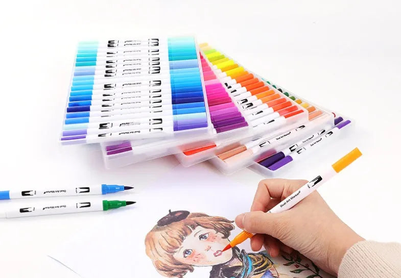 Set of 48 dual-tip watercolour pens with brush and fine nibs for artists.