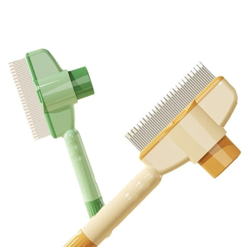 Green and yellow self-cleaning pet comb with stainless steel teeth and a release button on the handle.