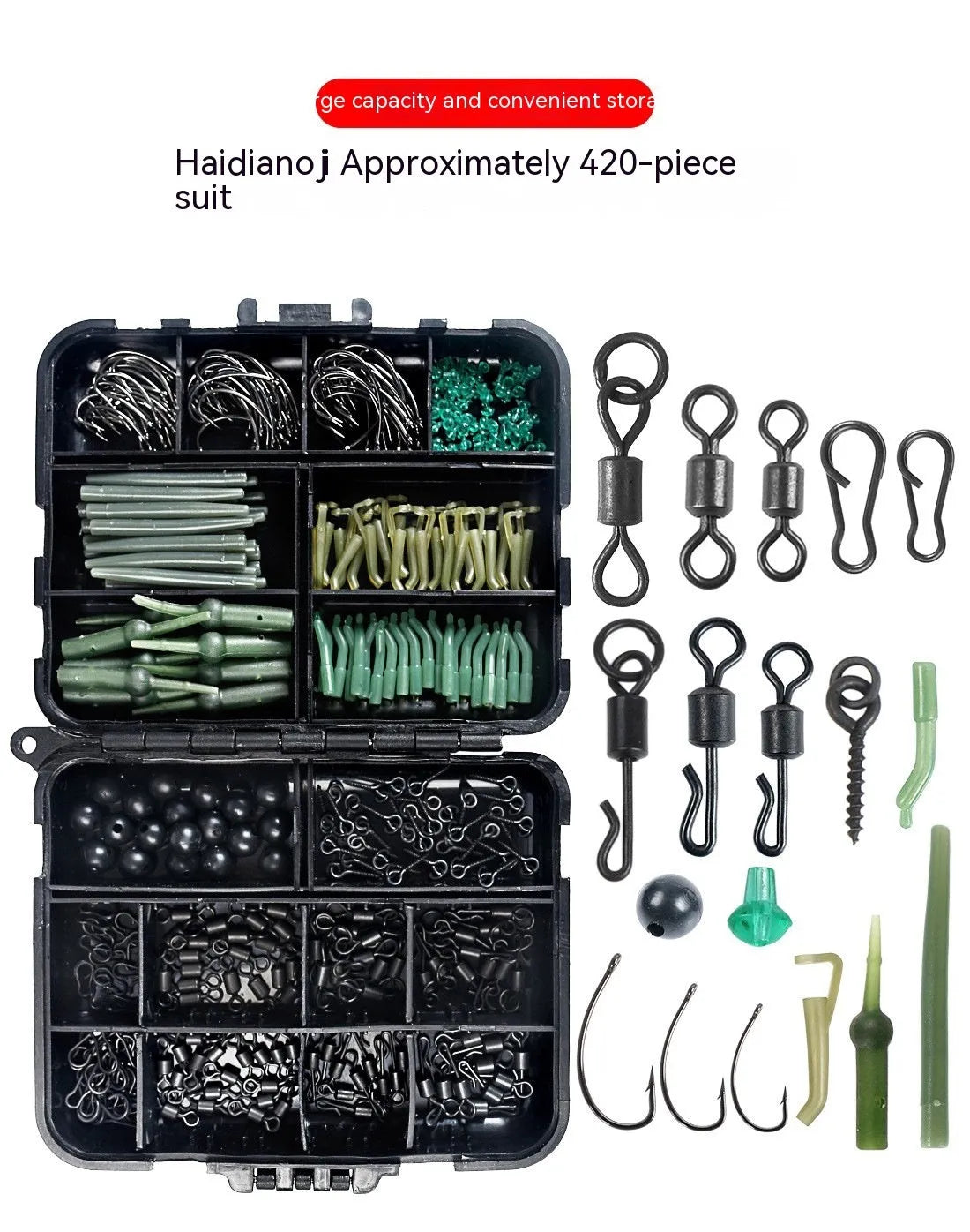 ANMUKA 420-piece space beam rotating fishing accessories set with swivels, pins, hooks, and storage box on a white background