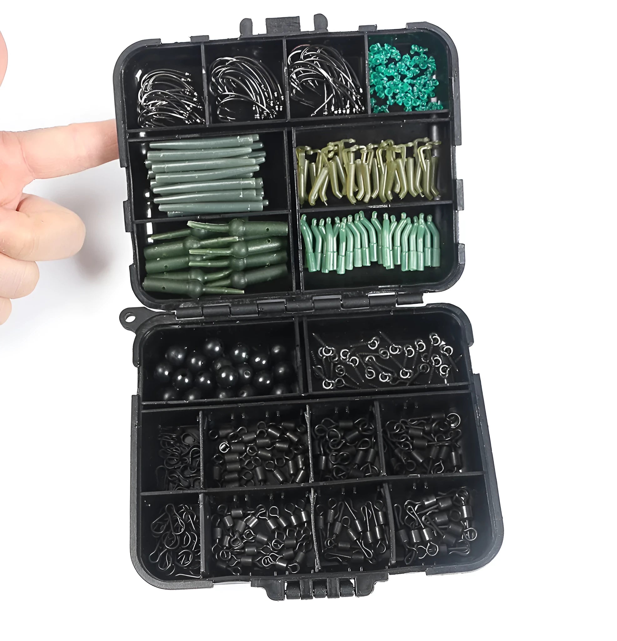 ANMUKA 420-piece space beam rotating fishing accessories set with swivels, pins, hooks, and storage box on a white background