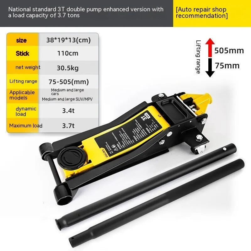 Hydraulic low-profile car jack with built-in handle for tyre changes