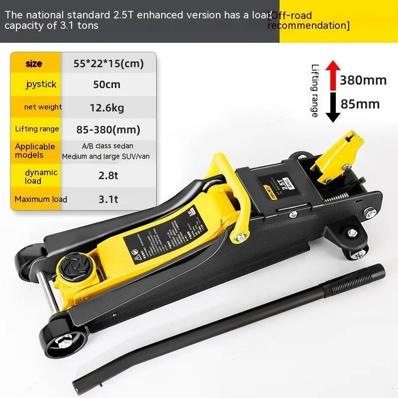 Hydraulic low-profile car jack with built-in handle for tyre changes