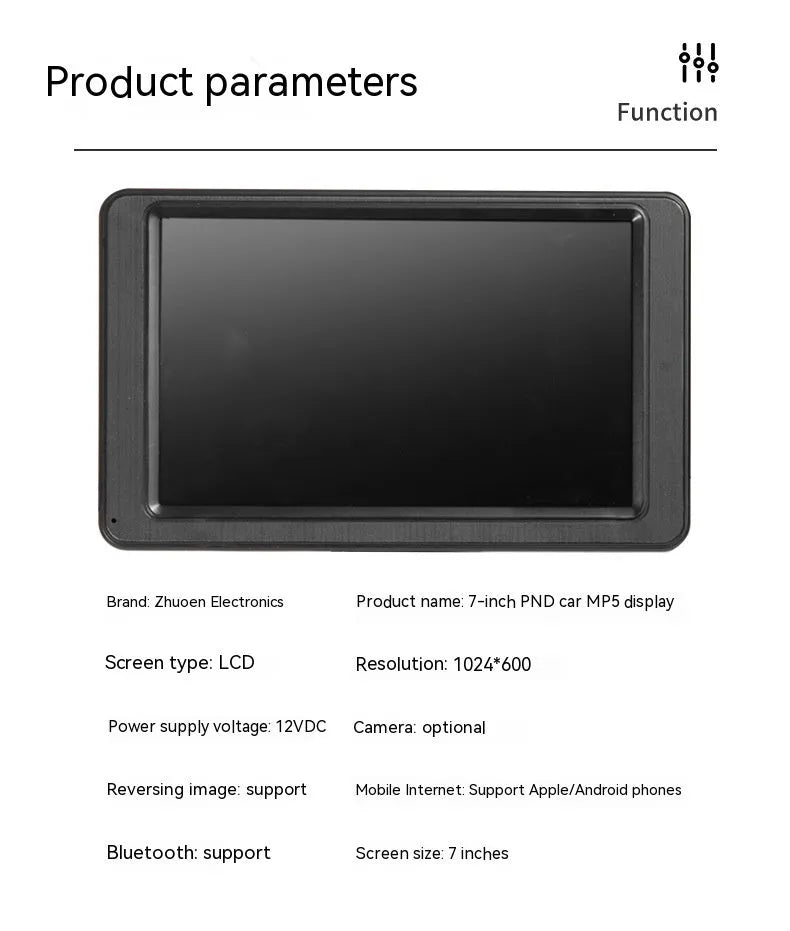 Black vehicle MP5 player with 7-inch screen mounted on universal car bracket