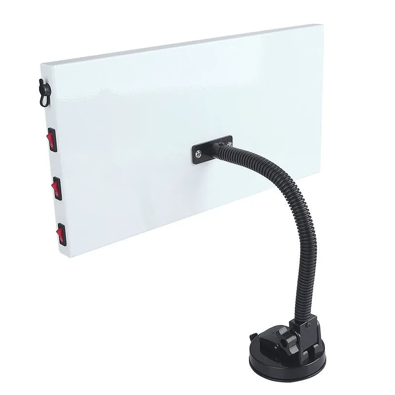 White car dent repair detector suit with concave inspection light for professional bodywork assessment