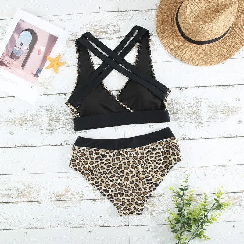 Leopard print cross banded bikini swimsuit with V-neck design for women