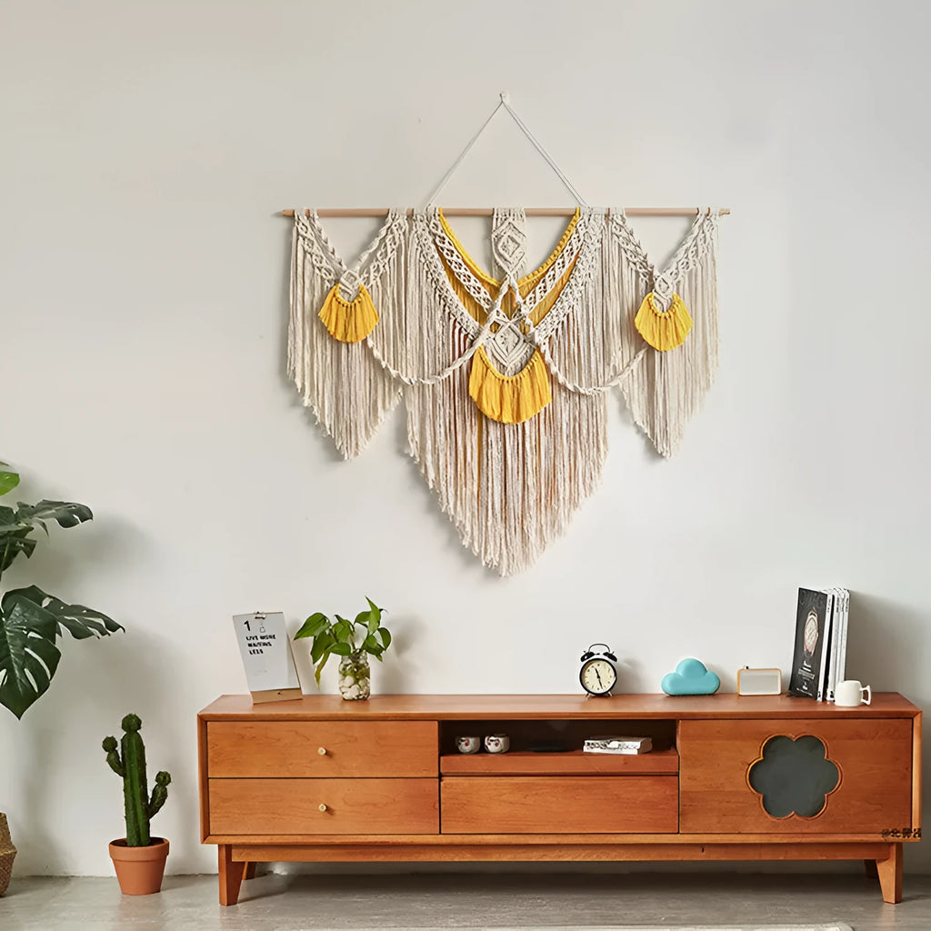 Nordic style hand-woven cotton tapestry wall hanging creamy white 120x95cm