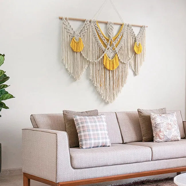 Nordic style hand-woven cotton tapestry wall hanging creamy white 120x95cm