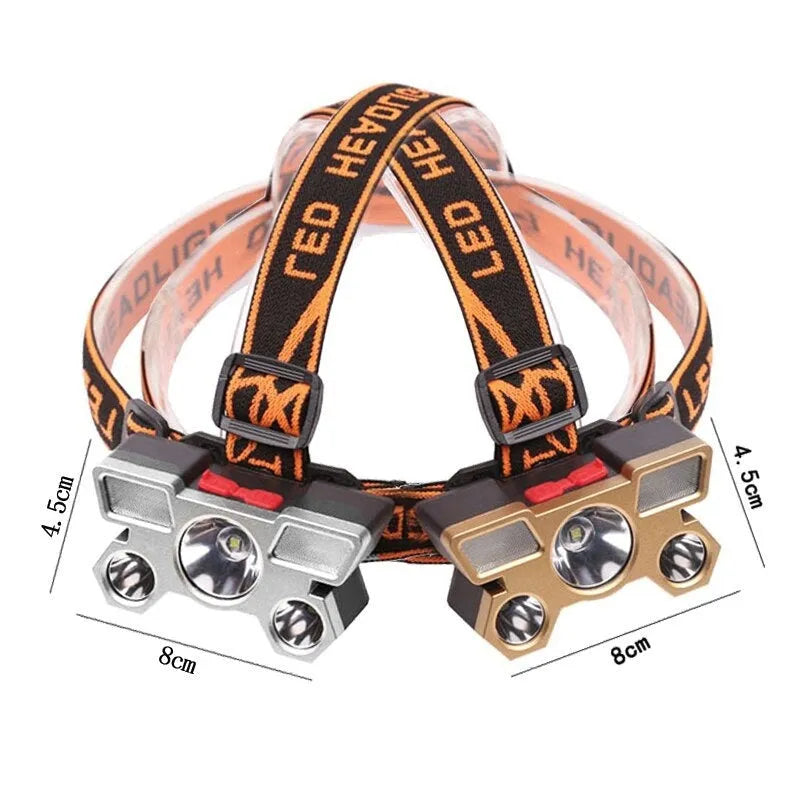 Head-mounted LED miner's lamp with adjustable strap and charging cable