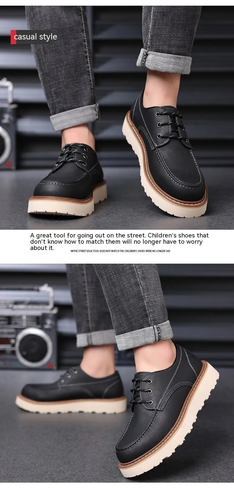 Men's low-top black Martin boots with round toe and rubber sole on a neutral background.