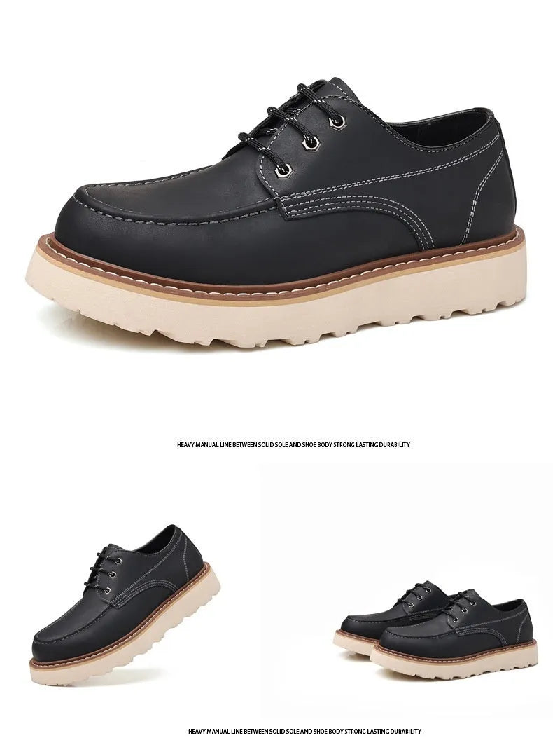 Men's low-top black Martin boots with round toe and rubber sole on a neutral background.