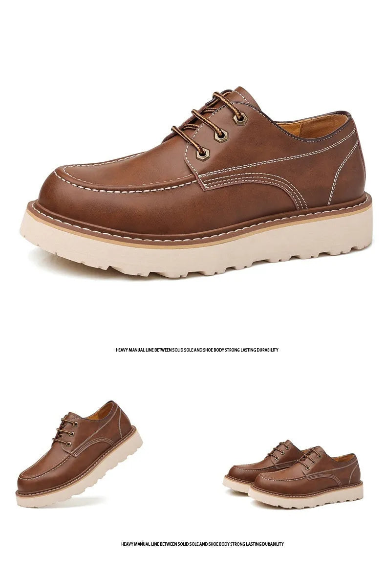 Men's low-top black Martin boots with round toe and rubber sole on a neutral background.