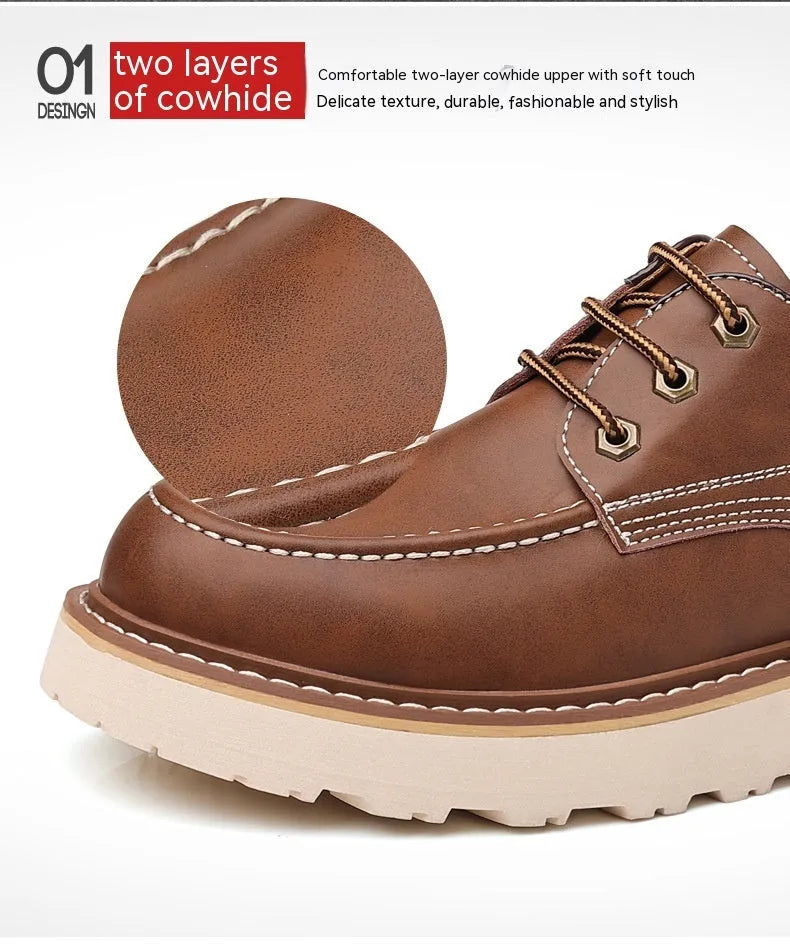 Men's low-top black Martin boots with round toe and rubber sole on a neutral background.