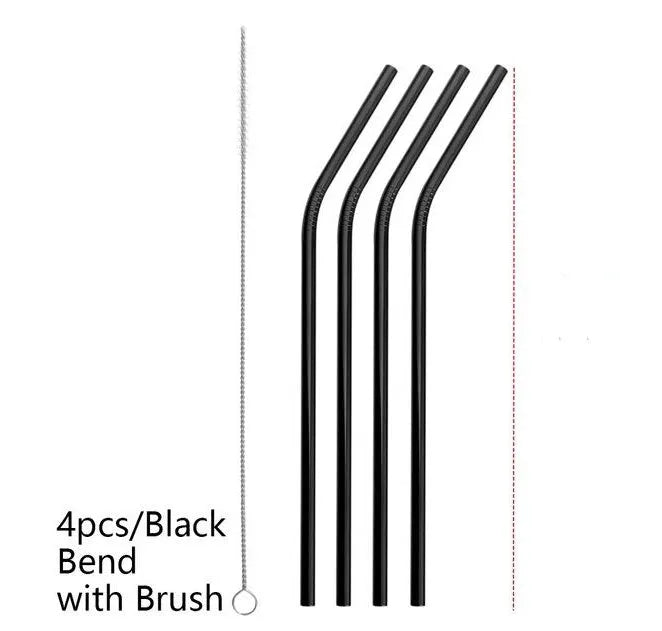 Set of stainless steel reusable straws in straight and bent styles with a cleaning brush.
