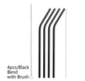 Set of stainless steel reusable straws in straight and bent styles with a cleaning brush.