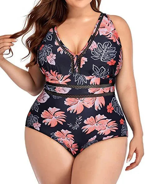 Black plus size women's polyester bikini swimsuit with printing pattern