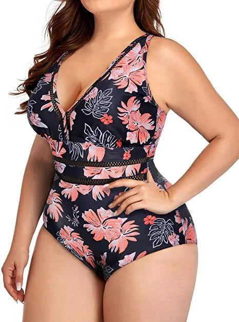 Black plus size women's polyester bikini swimsuit with printing pattern