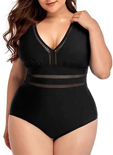 Black plus size women's polyester bikini swimsuit with printing pattern