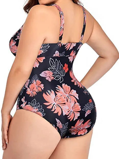 Black plus size women's polyester bikini swimsuit with printing pattern
