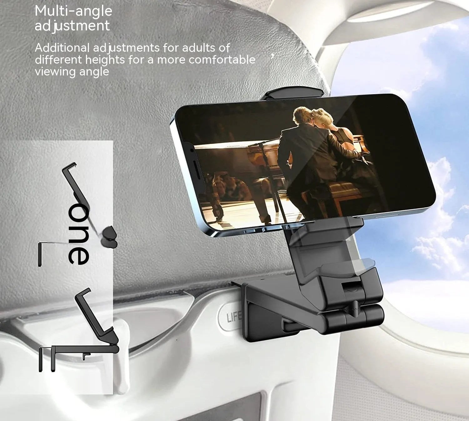 Foldable rotating phone holder in black, shown in use with a mobile phone on a desk