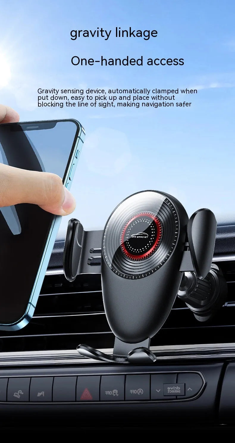 Black universal car phone bracket mounted on car air vent holding mobile phone