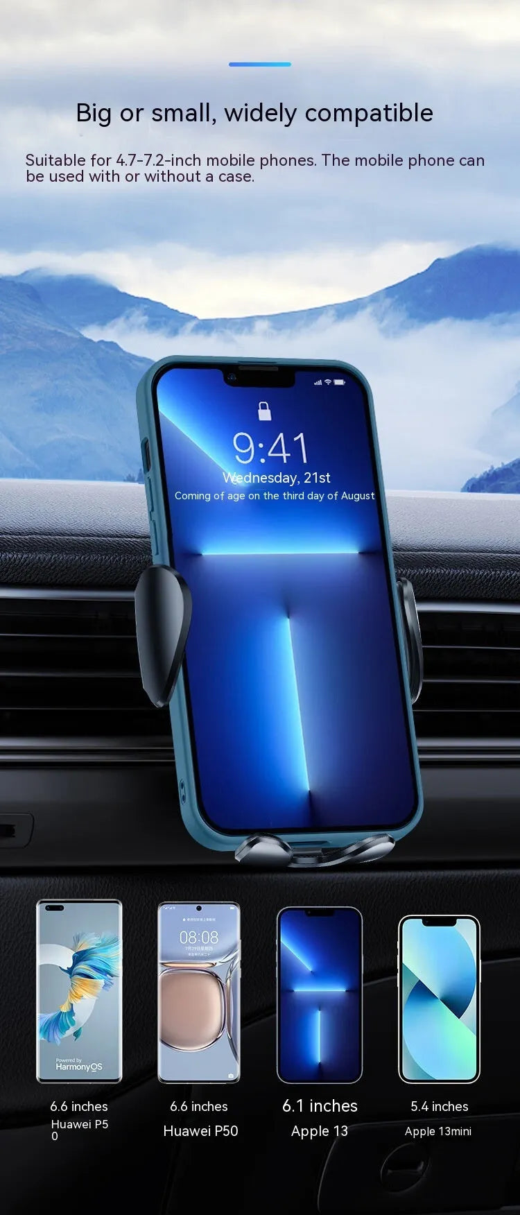 Black universal car phone bracket mounted on car air vent holding mobile phone