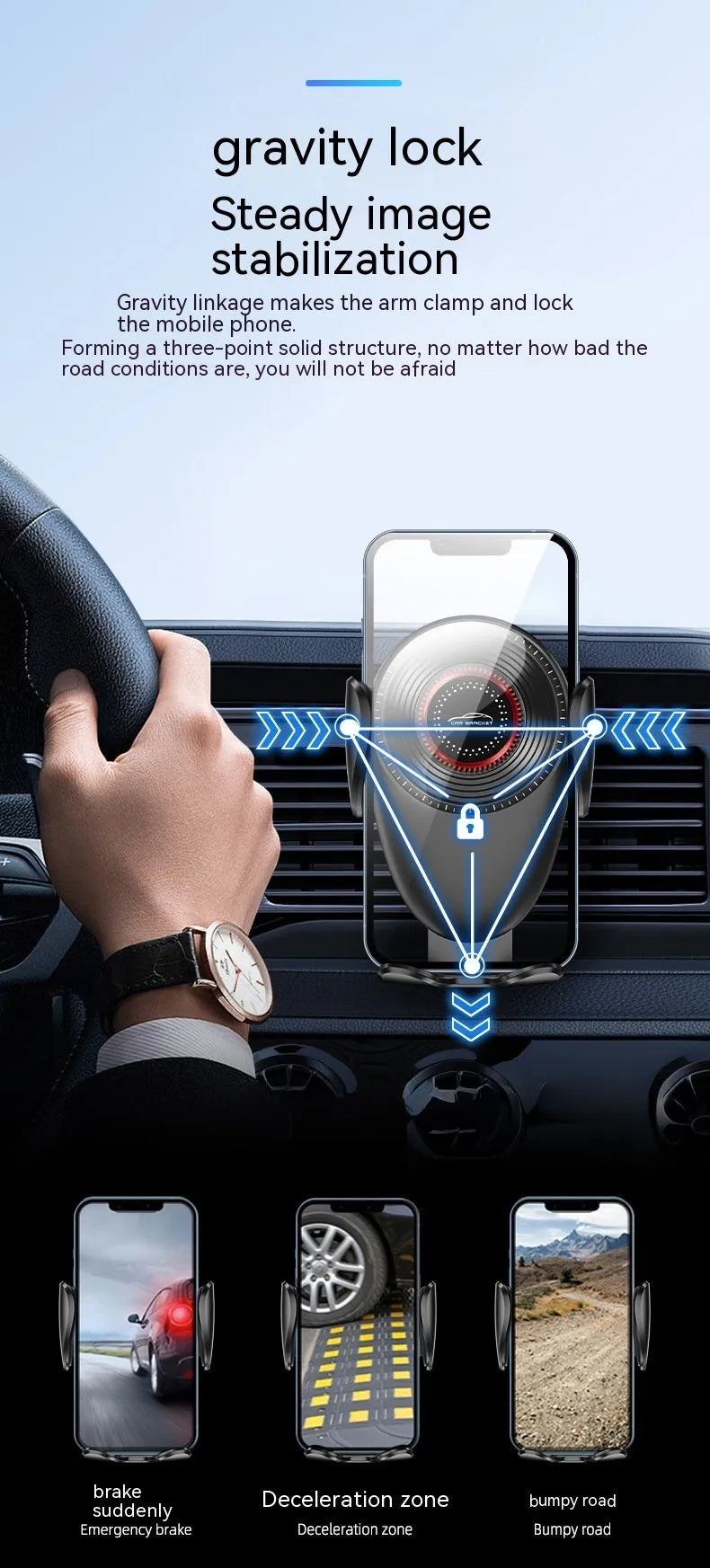 Black universal car phone bracket mounted on car air vent holding mobile phone