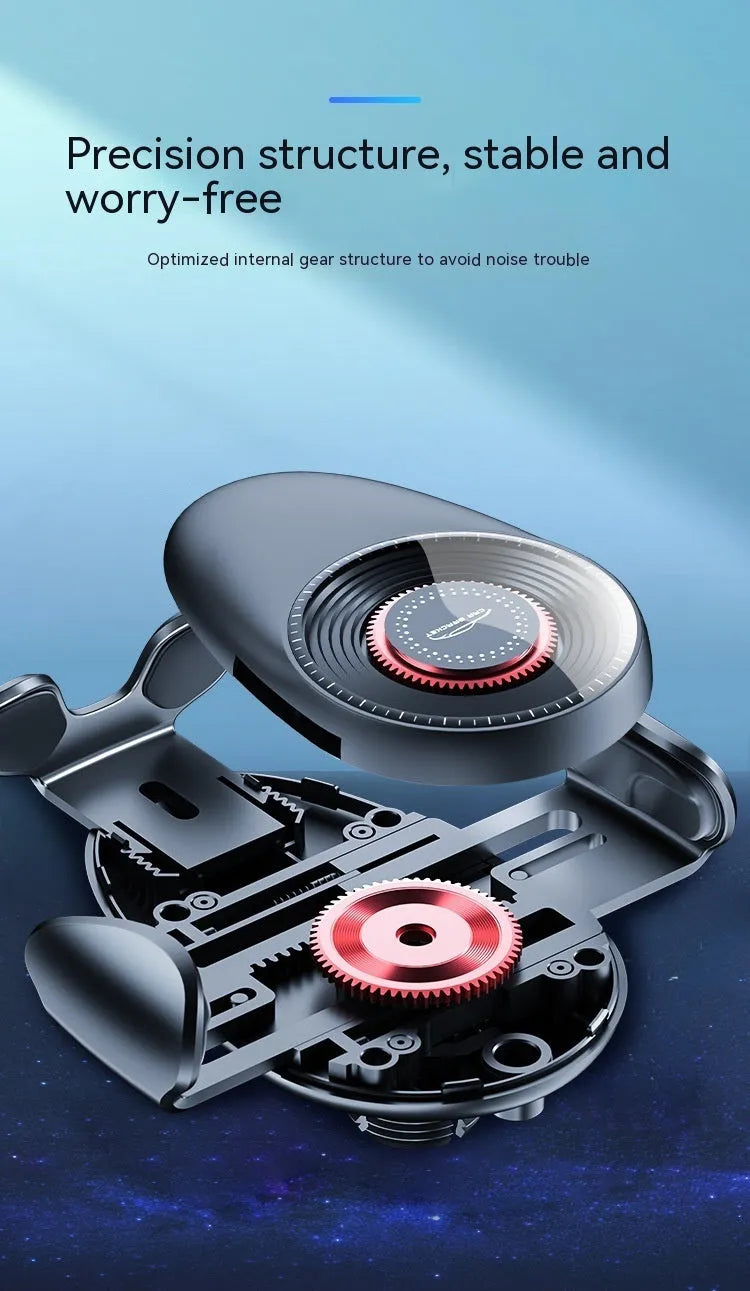 Black universal car phone bracket mounted on car air vent holding mobile phone