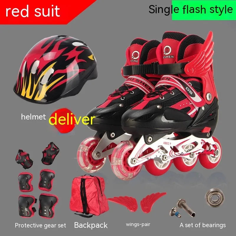 Adjustable children's ice skates with aluminium frame, PU foam wheels, matching helmet, protective gear set, and backpack in multiple colours.